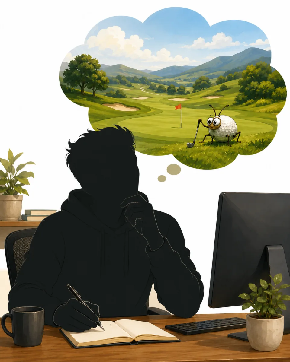 Silhouette of the Golf Onset founder at a computer, dreaming about a sunny golf course and a whimsical golf bug