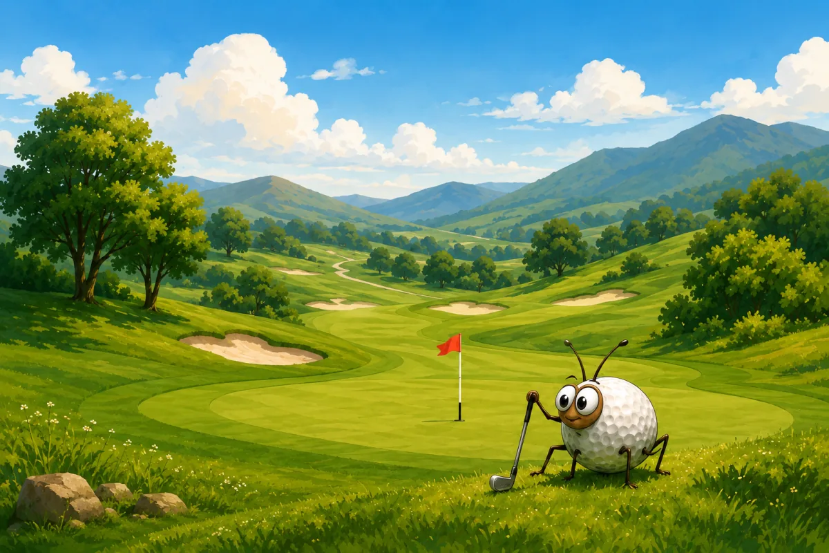 Whimsical golf bug standing on a sunny mountain golf course with a red flag and rolling fairways