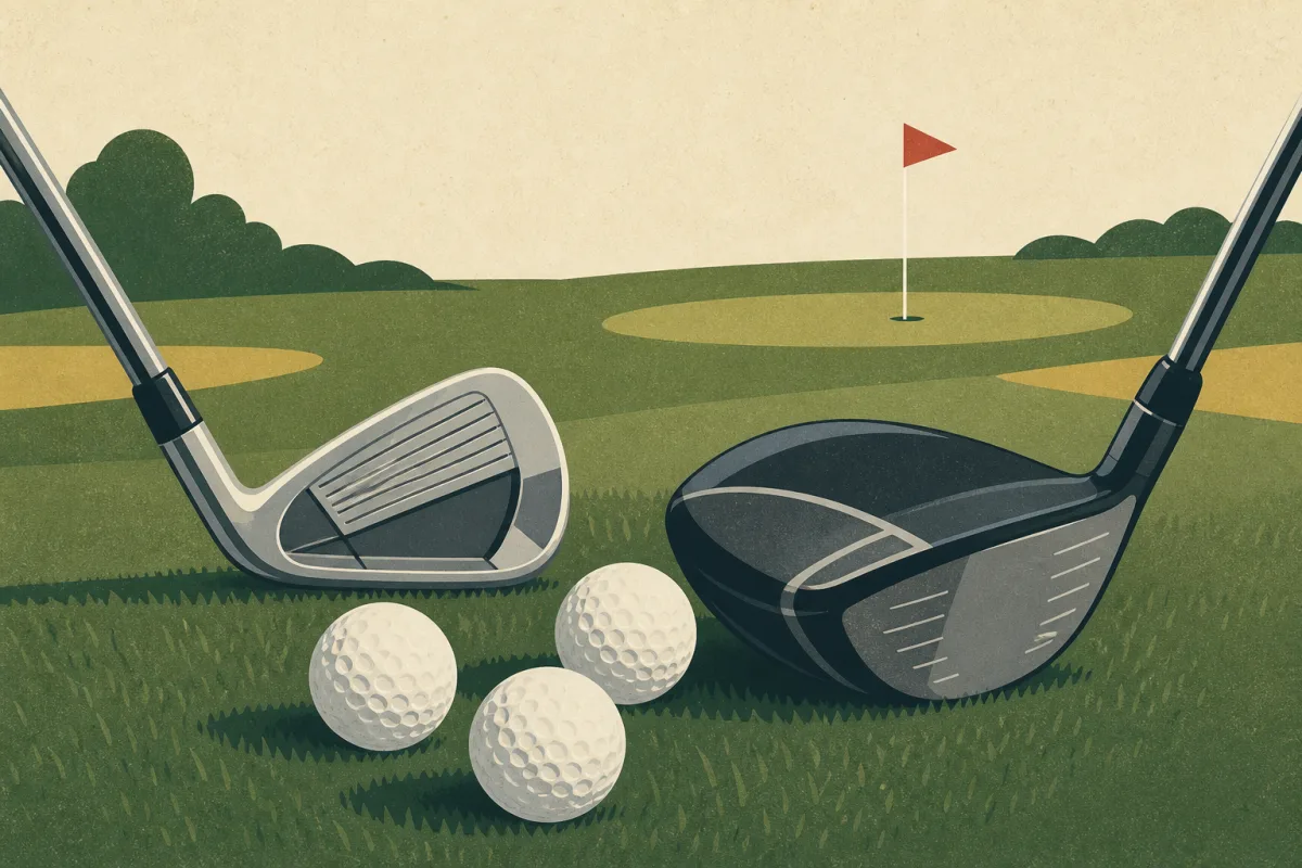 Illustration of forgiving golf clubs and golf balls on short grass