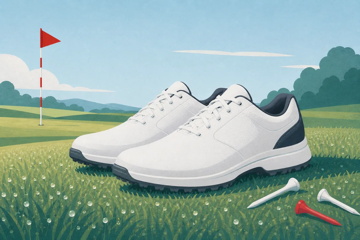 Illustration of white spikeless golf shoes on dewy grass