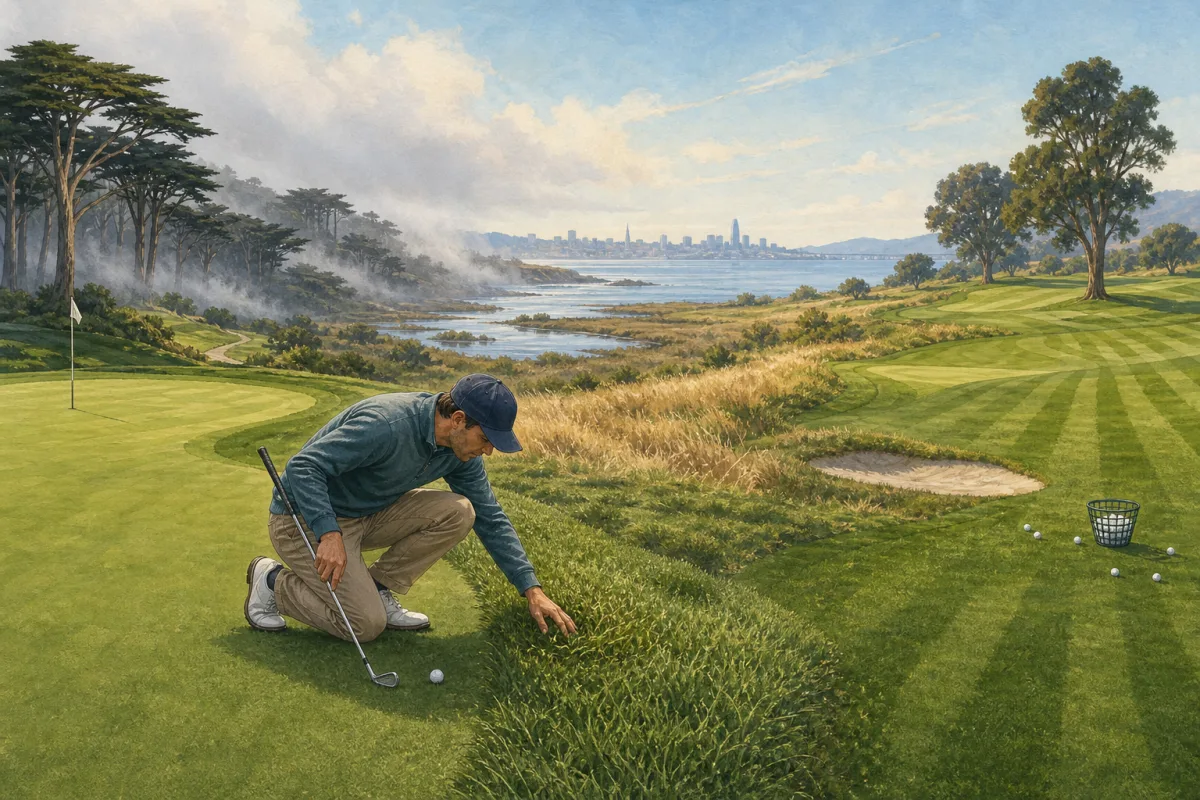 A golfer examines turf where a foggy coastal course, Bay wetlands, and a sunny East Bay course meet