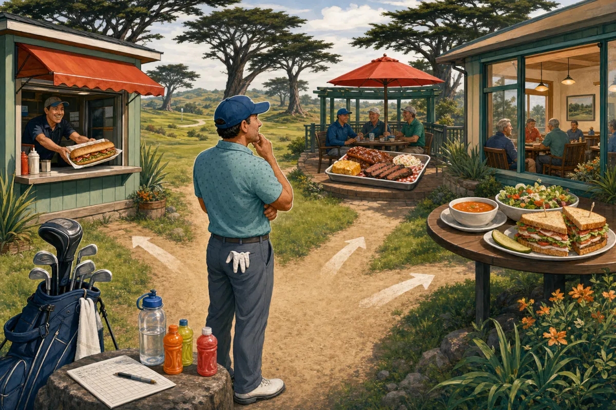 A golfer chooses among a quick burger at the turn, a barbecue tray beside a nine-hole course, and a clubhouse dinner after golf