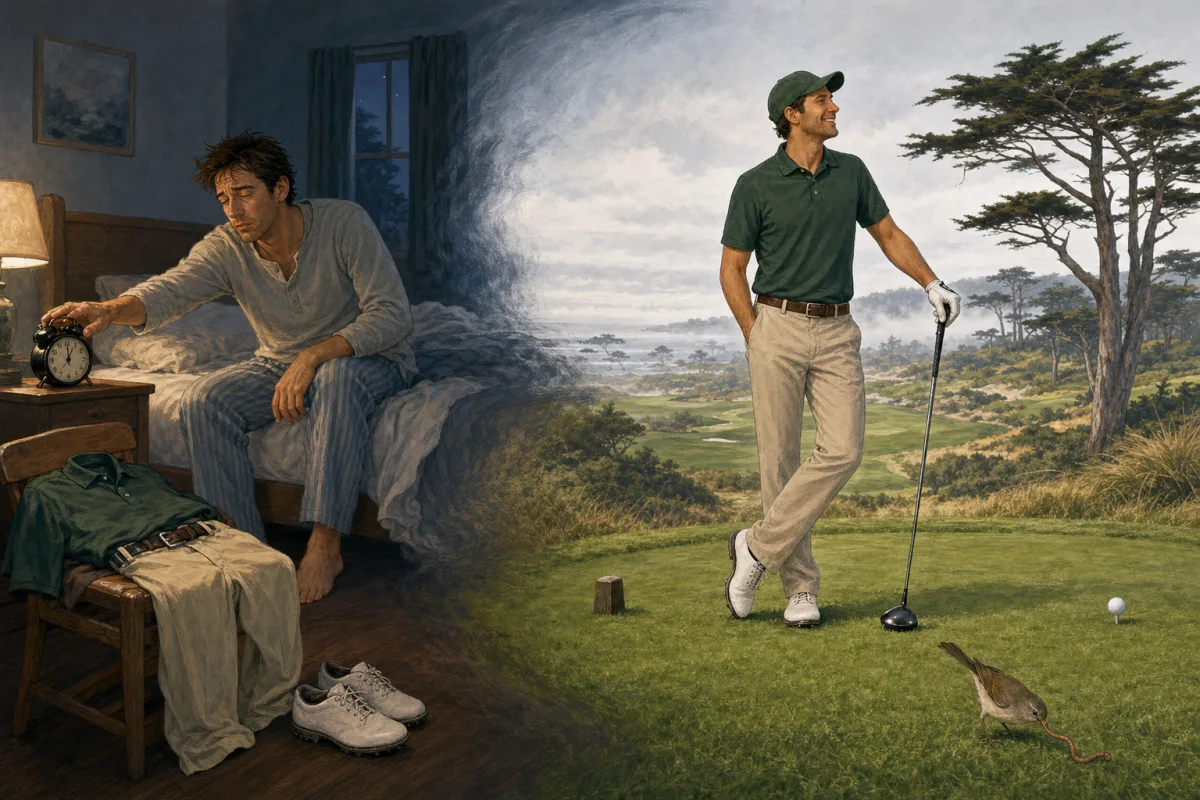 A sleepy golfer reaches for an alarm before enjoying a cool overcast first tee in San Francisco