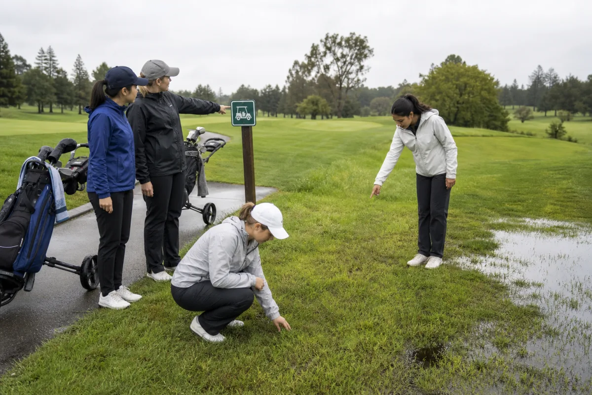 Four young women inspect damp turf and a wet low area while their golf bags remain on the cart path