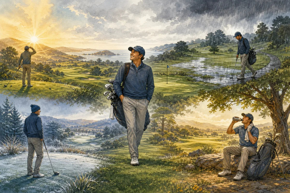 A golfer experiences cool overcast skies, low sun, heavy rain, humid heat, and frost across one fictional Northern California golf course
