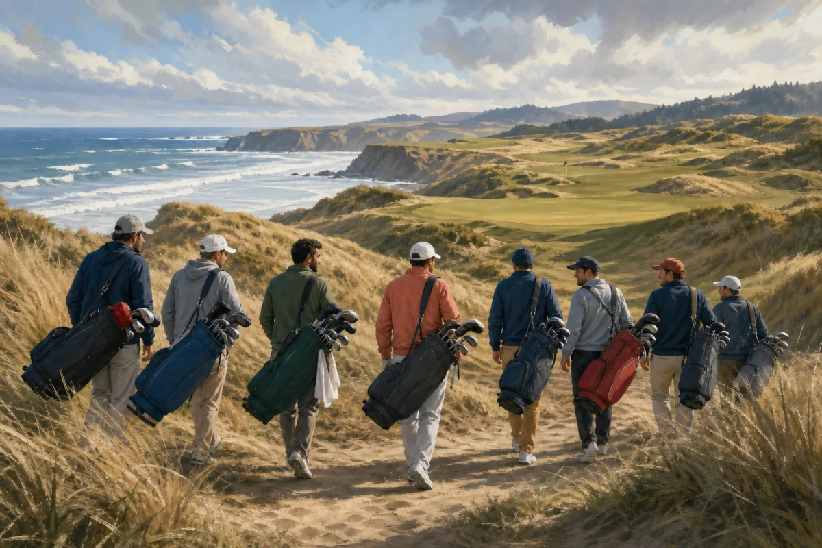 Eight friends carrying golf bags through coastal dunes toward a links course beside the ocean