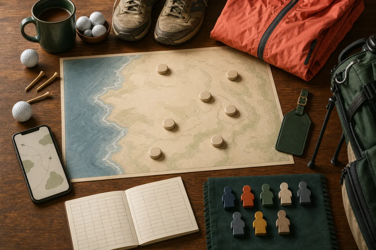 Overhead golf trip planning table with a coastal map, player markers, walking shoes, rain jacket, golf balls, and travel phone