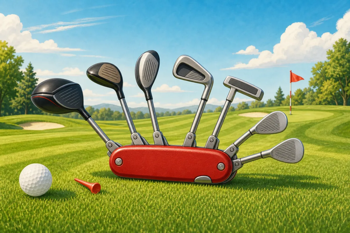Red pocket multitool with driver, woods, iron, wedges, and putter folded out on a golf course