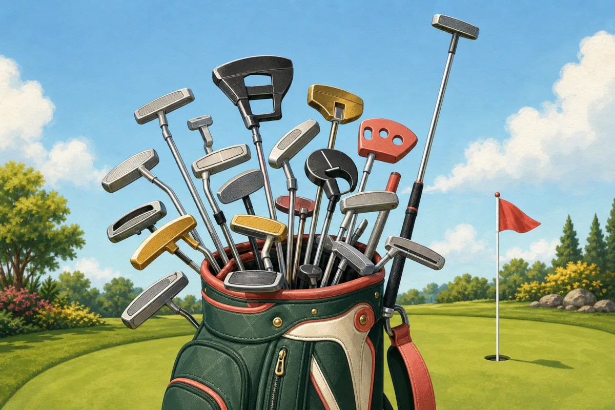 Golf bag overflowing with blade and mallet putters on a putting green