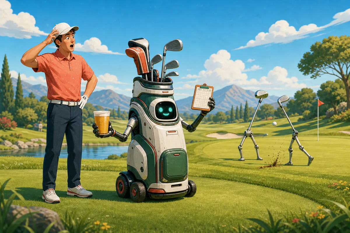 Surprised golfer beside a robot caddie offering a drink and scorecard while golf clubs play in the background