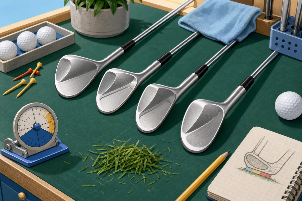 Four silver golf wedges arranged as precision tools on a green workbench