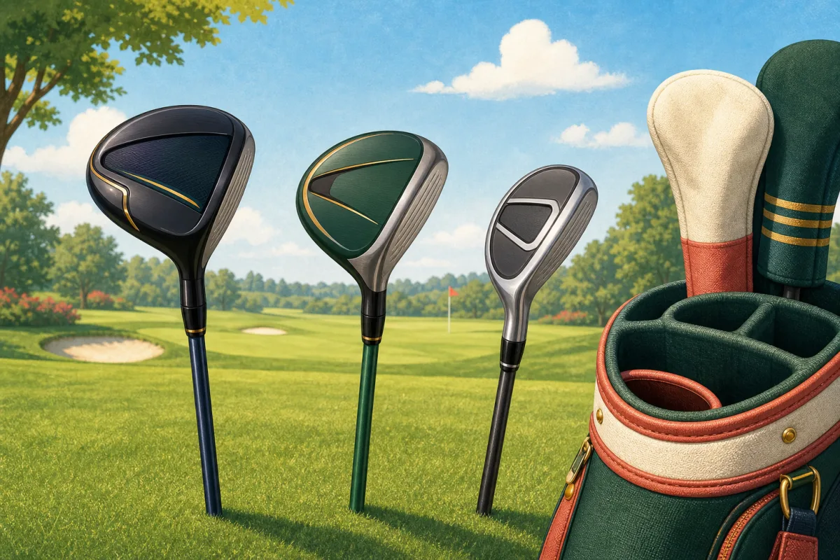 A 3-wood, 7-wood, and hybrid lined up beside an open golf bag slot