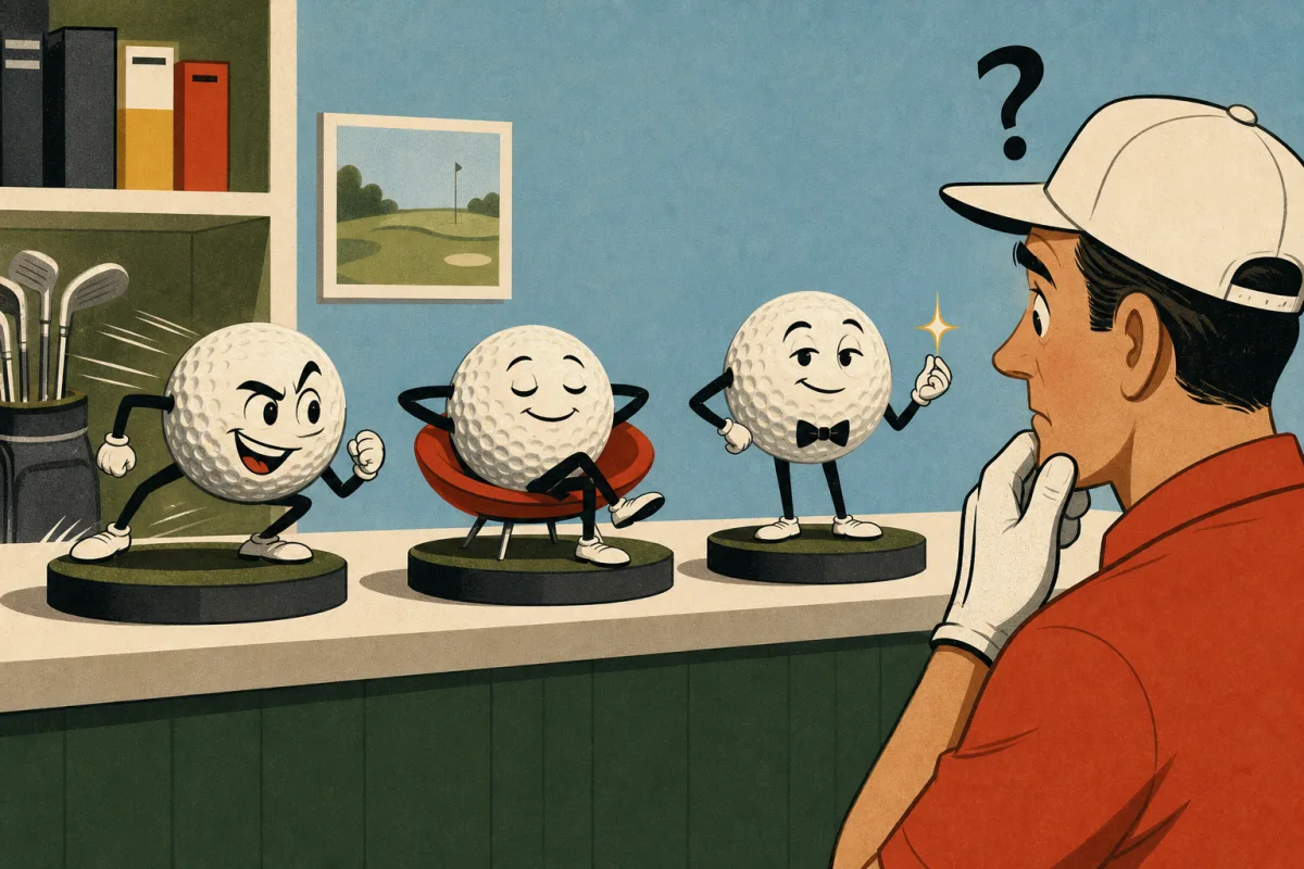 A golfer considers three cartoon golf balls representing distance, soft feel, and premium spin
