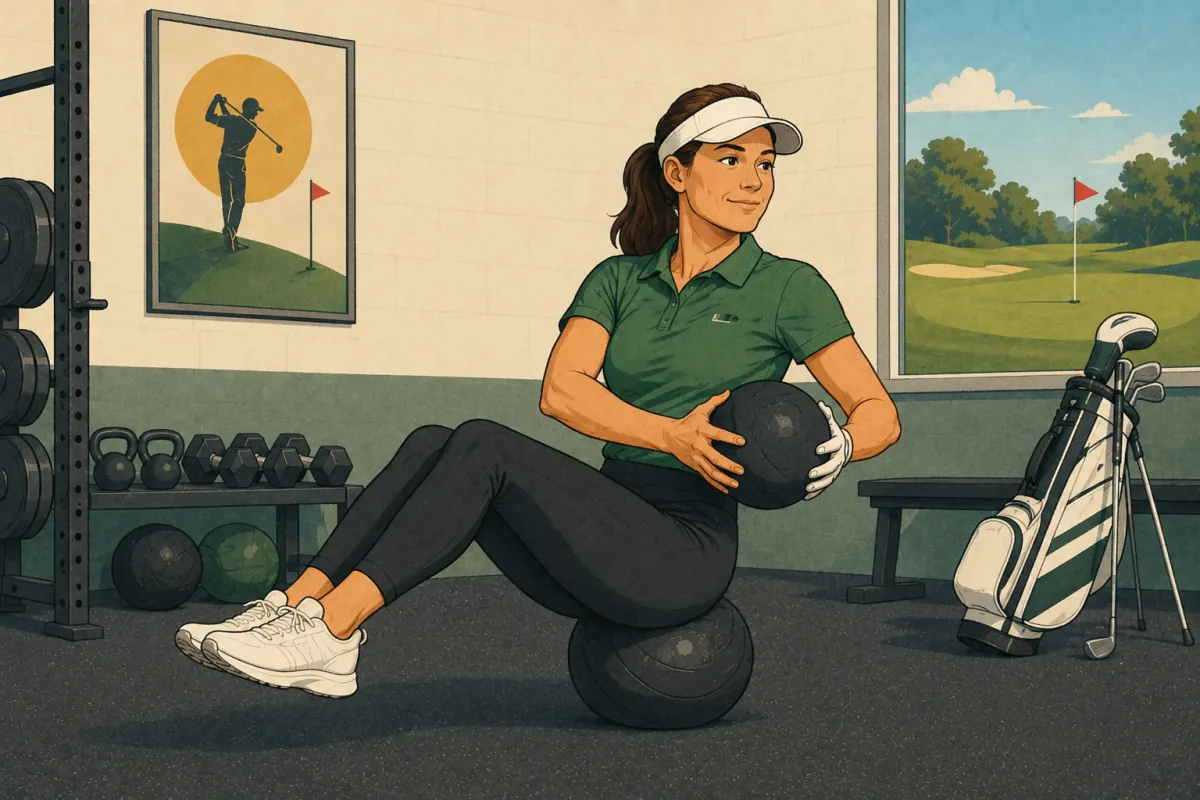 Golfer doing rotational core training in a gym beside golf clubs and a course view