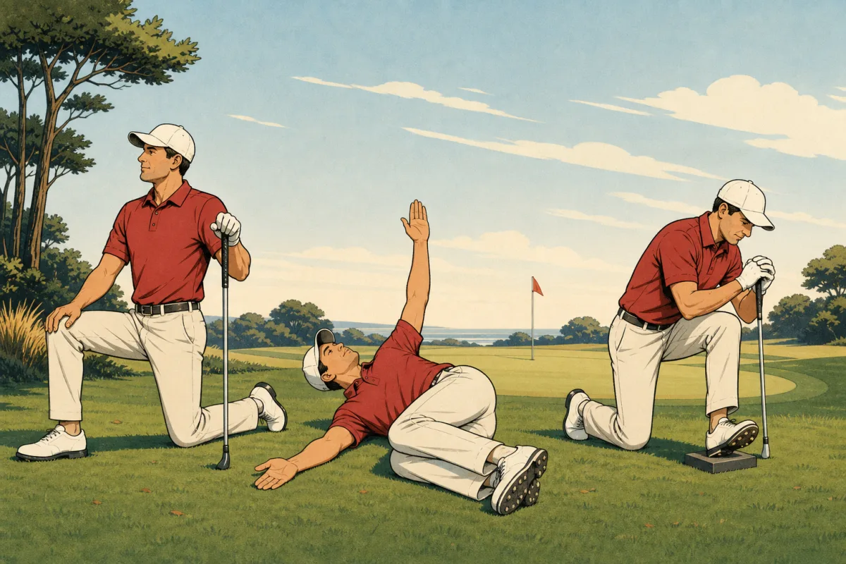 Golfer demonstrating hip, upper-back, and ankle mobility exercises