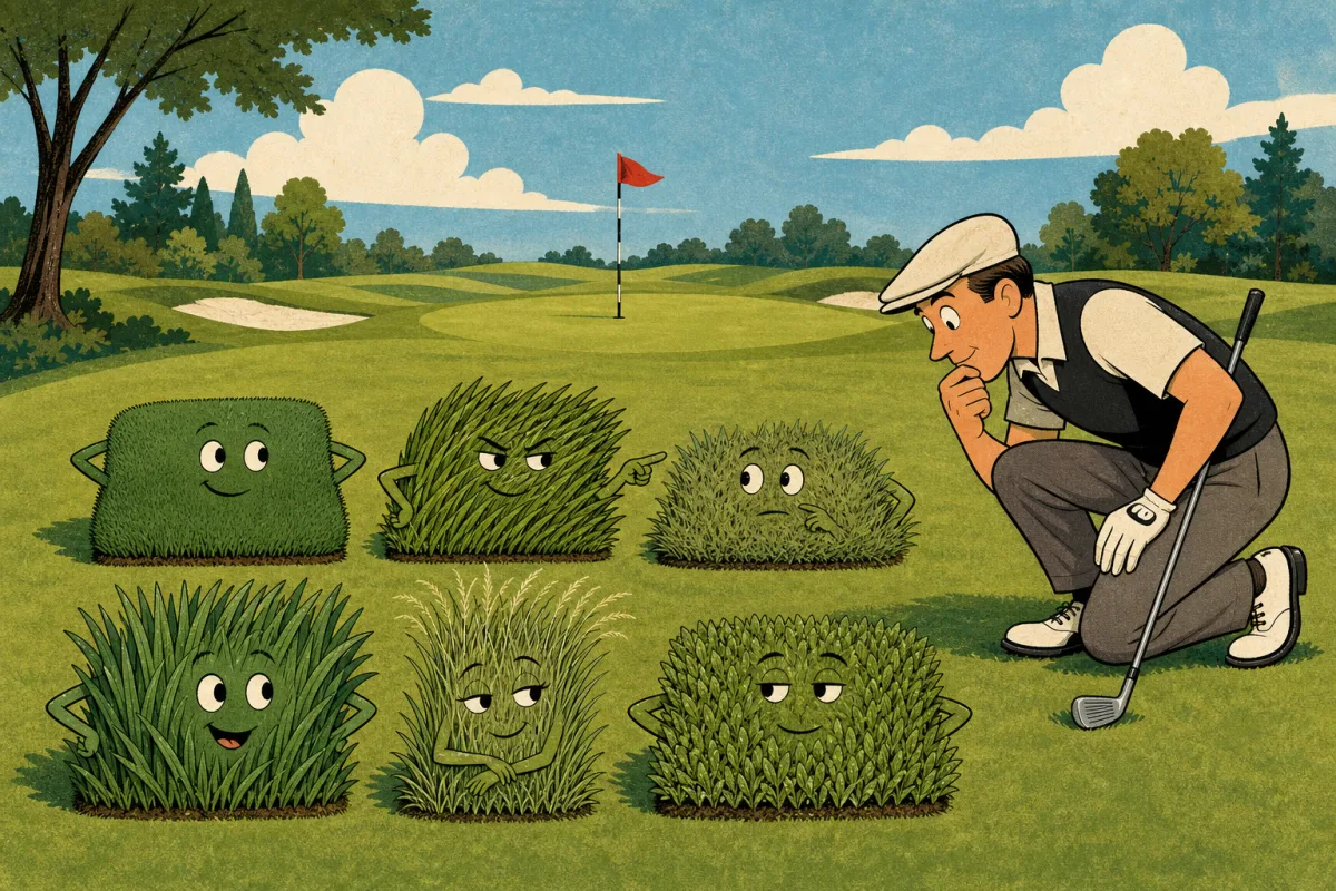 A curious golfer studies cartoon patches representing six golf course grass types