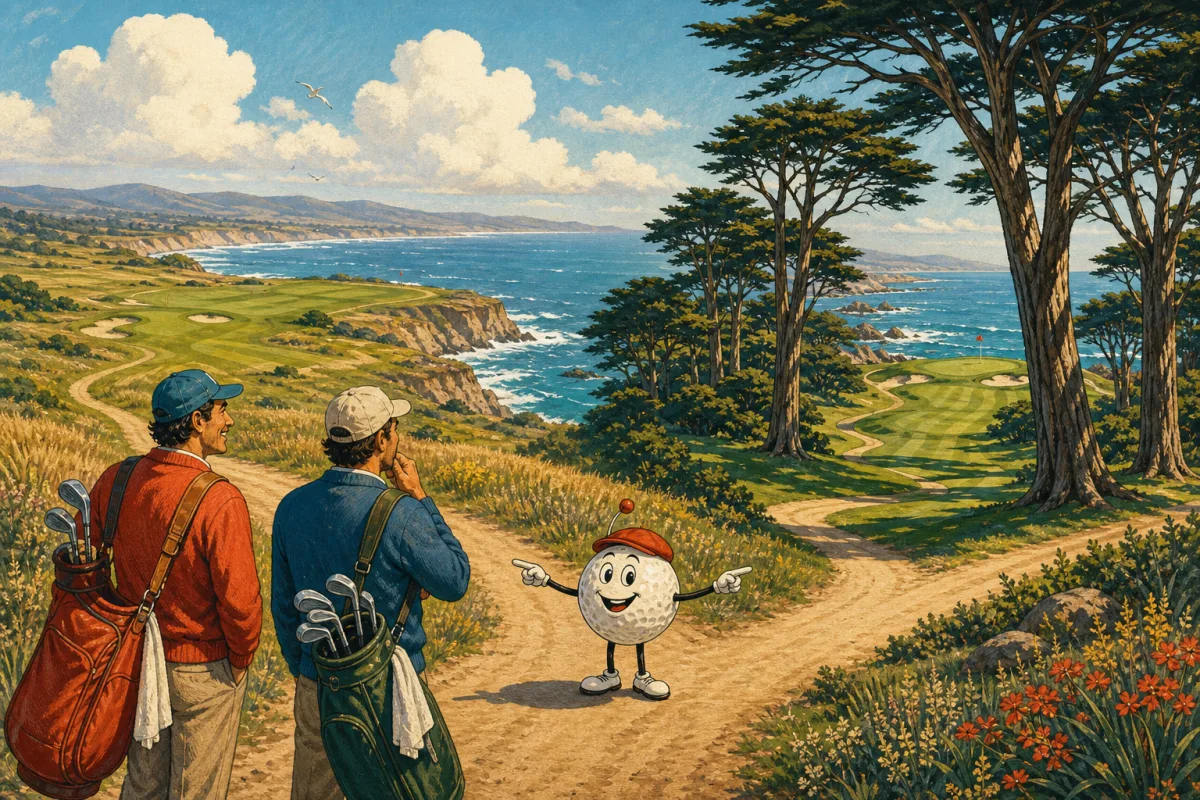Two golfers choose between an open course beside ocean cliffs and a tree-lined parkland course