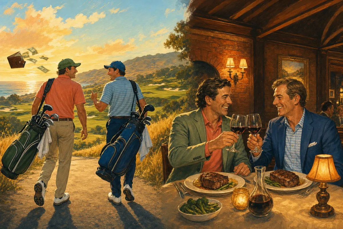 Two friends leave an expensive golf round laughing and later share steak dinners in a warm restaurant