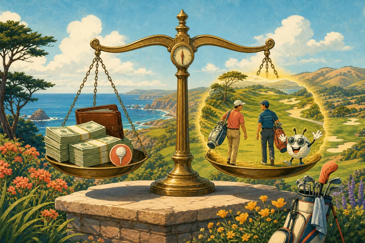 Balance scale comparing a large golf budget with friends enjoying a beautiful hilly public course
