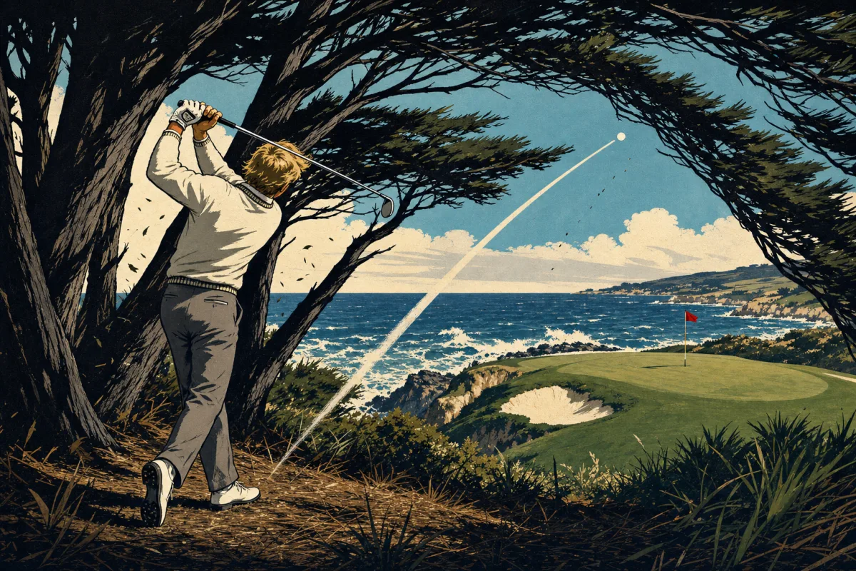 An imaginative golfer curves a recovery shot through trees toward a seaside green