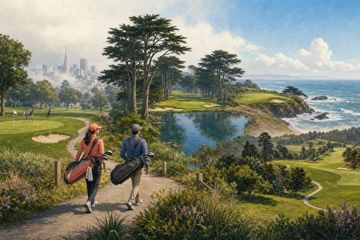 Two golfers walking through a continuous landscape of city par-3 golf, cypress-lined fairways, a lakeside hole, a coastal course, and hilly parkland