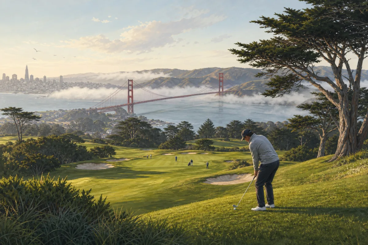 Golfer preparing an iron shot on a hilly public course overlooking San Francisco and the Golden Gate Bridge