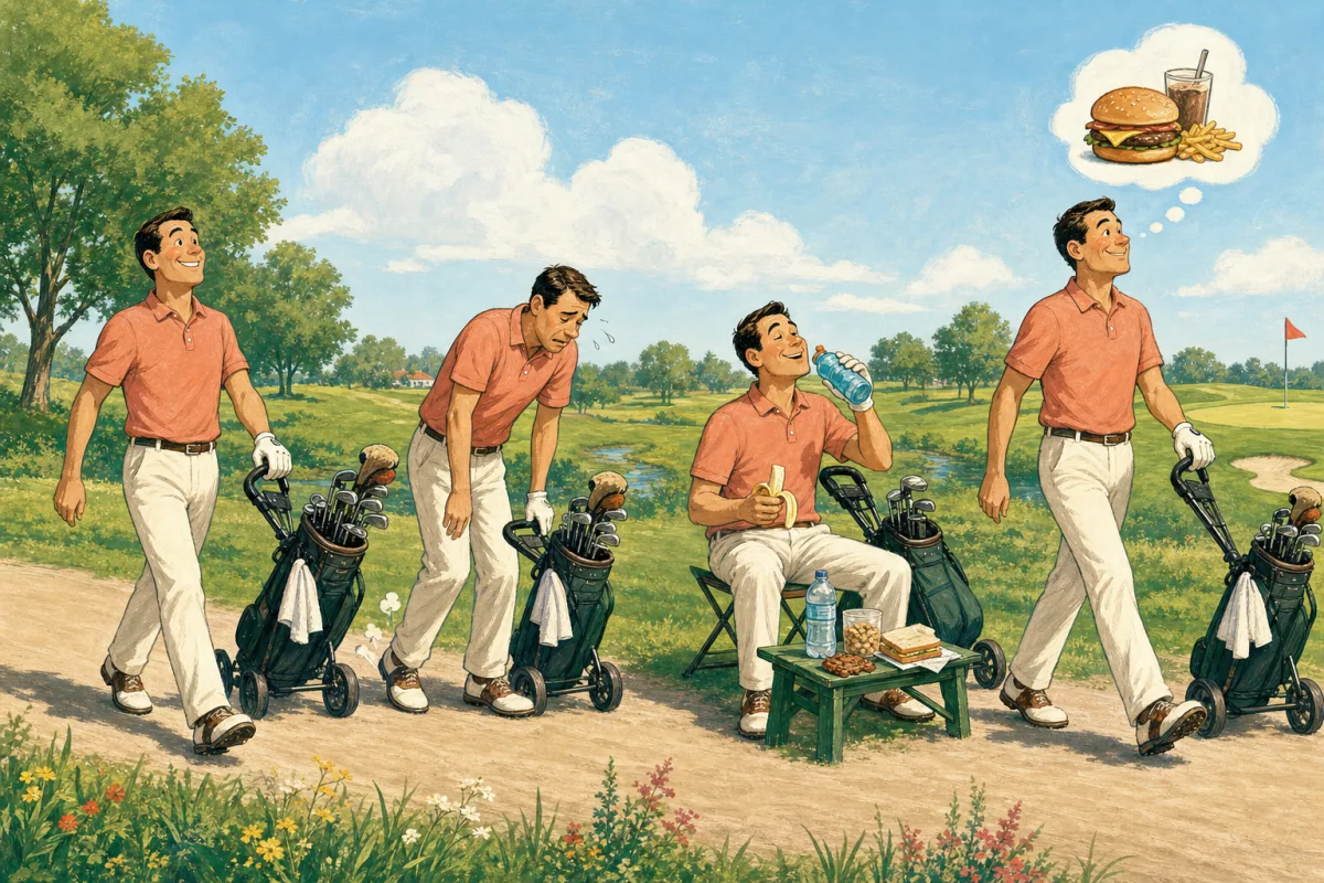 The same golfer starts a walking round energized, fades, drinks and eats at the turn, then finishes revived and hungry