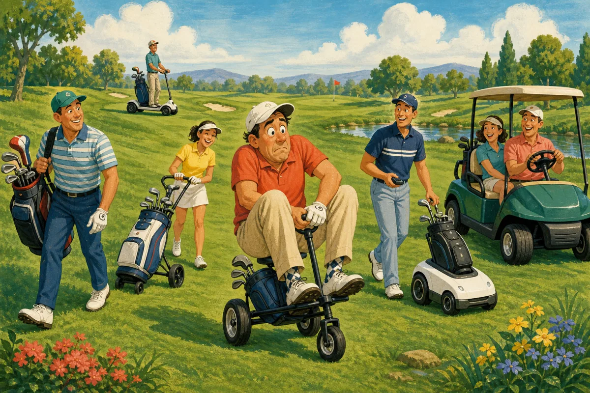 Golfers carry clubs, push a cart, use a remote electric caddie, ride in a cart, and jokingly try to ride a push cart