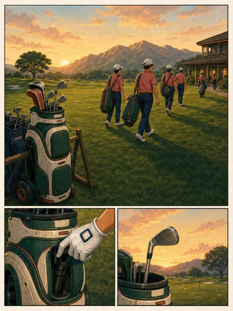 Golfers leave a sunny practice area while several golf bags remain behind.
