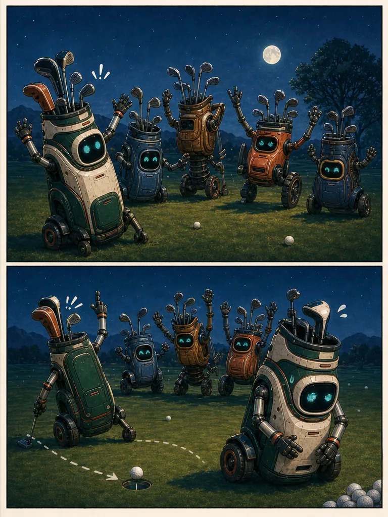 Many golf bags become robots as Al taps a ball into a practice cup.