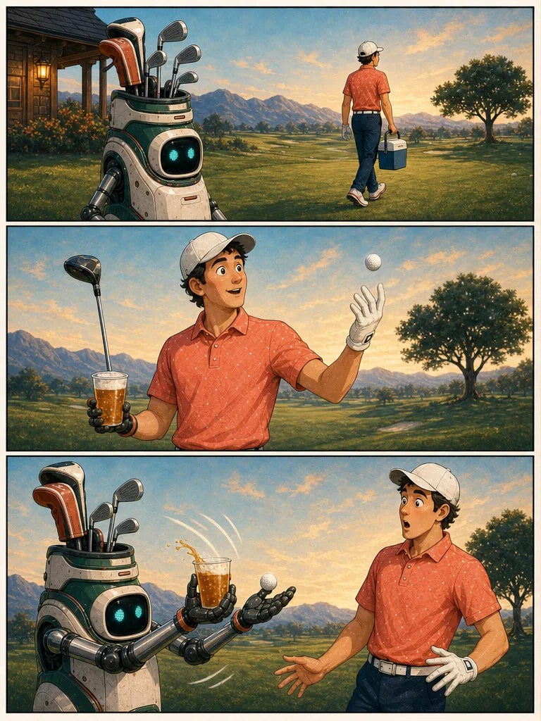 Al catches a golfer's tipping beer and rolling golf ball at the first tee.