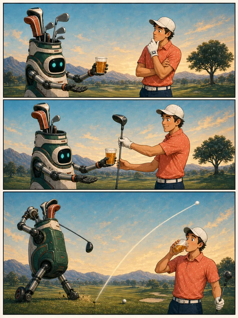 A golfer trades his driver for a beer, then watches Al hit a beautiful tee shot.