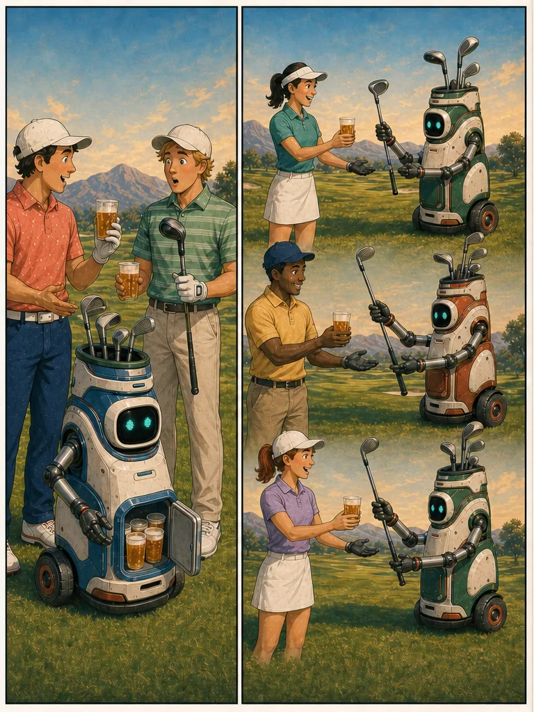 More golfers exchange clubs for beers with a row of golf-bag robots.