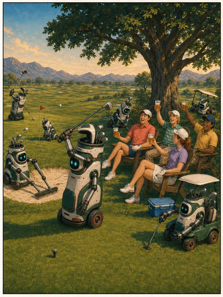 Robots play every part of a golf hole while golfers relax, toast, and cheer.