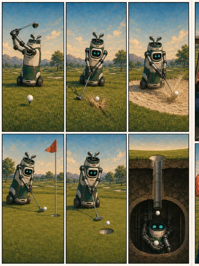 Robots execute six mechanically perfect golf actions in an exact grid.