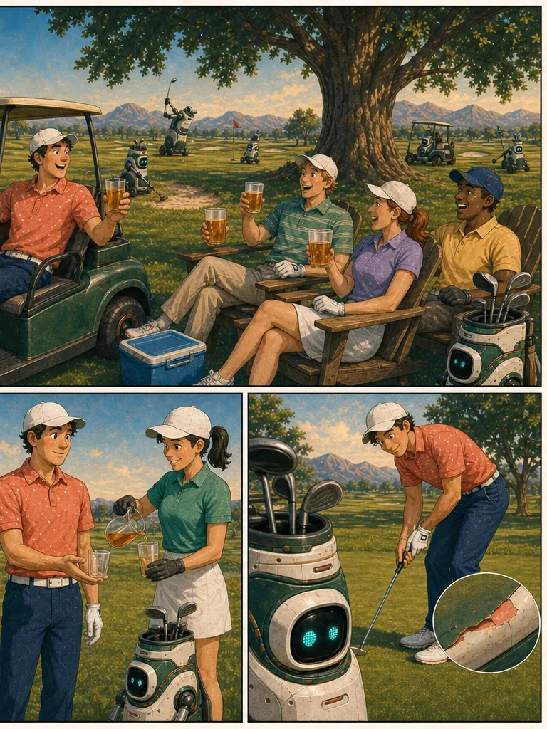 Relaxing golfers celebrate while a flake of bright color peels from Al's body.