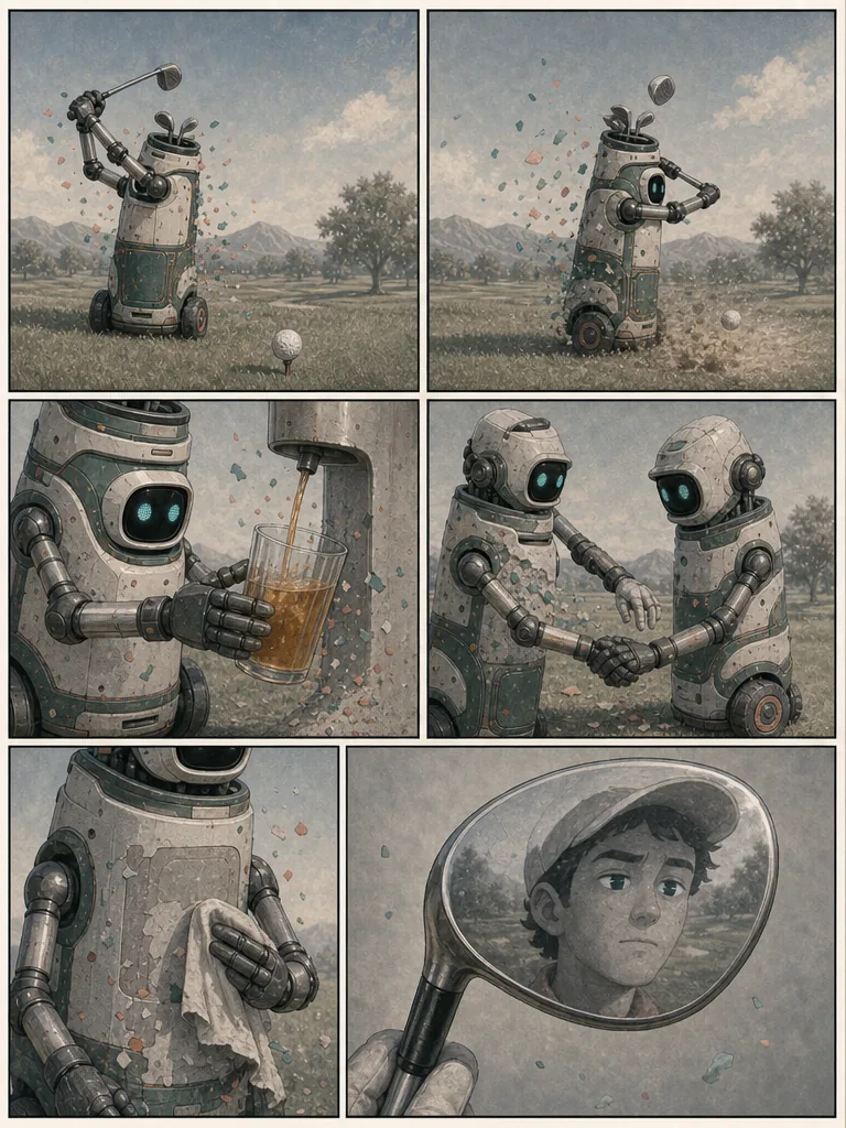 Color peels from golfing robots until Al sees a gray reflection.
