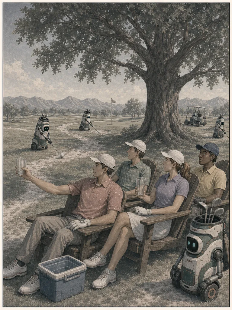The once-colorful golf course turns pale as robots repeat worn routes.