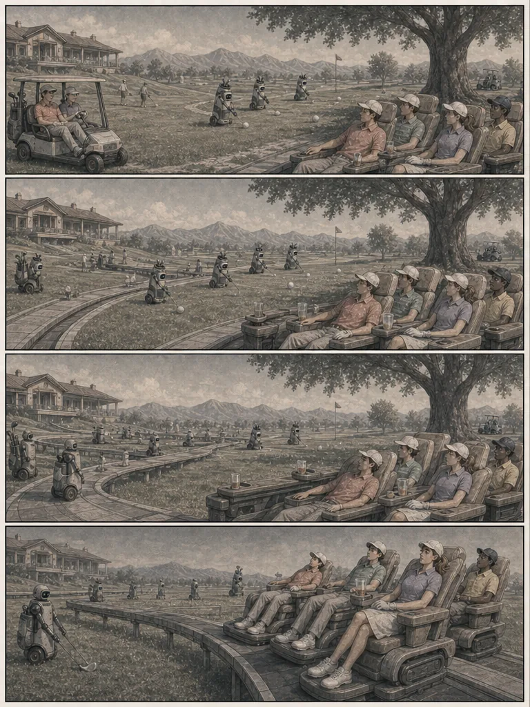 A time sequence shows seated golfers moving less as chairs and pathways take over.
