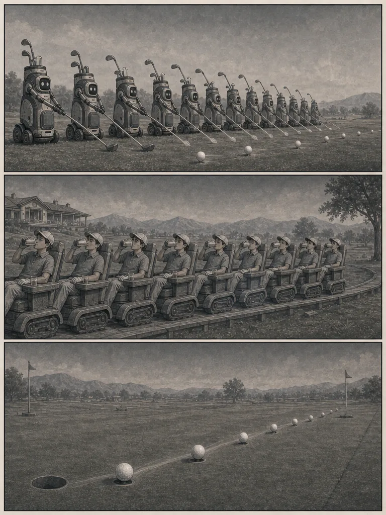 Gray robots, seated humans, and white golf balls repeat identical motions.