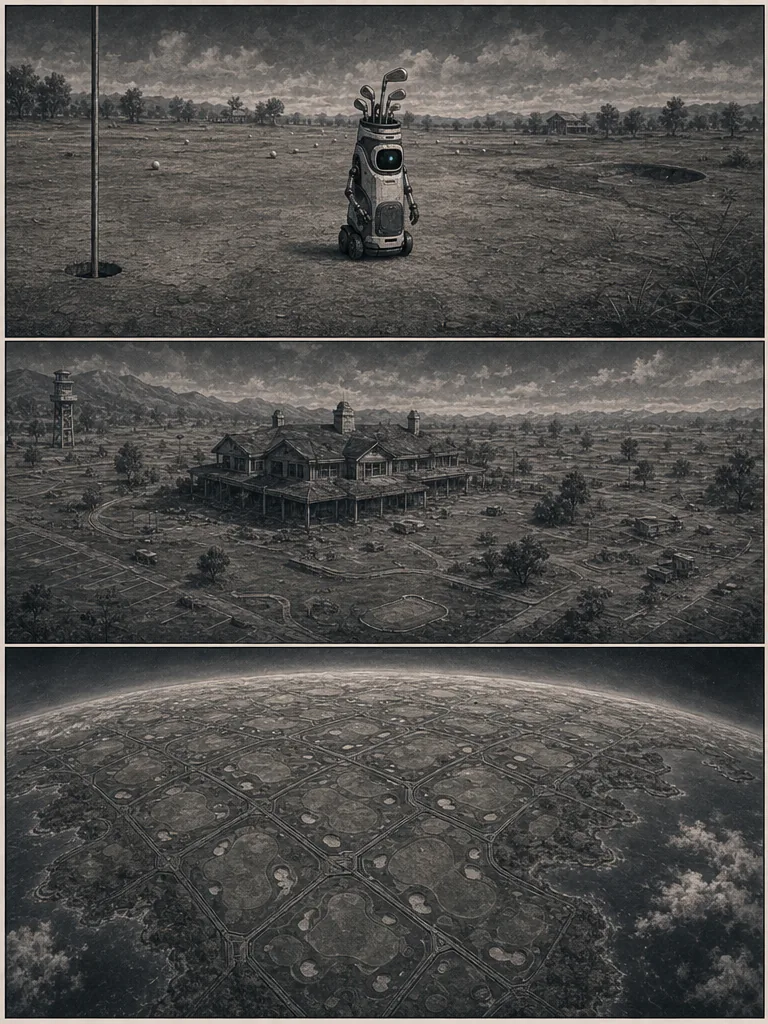 The view pulls from Al's green to a vast region of repeated courses and pale cities.
