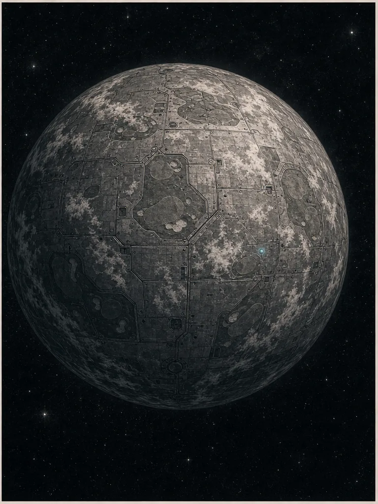 The gray Earth is revealed as a riveted artificial shell with ports and seams.