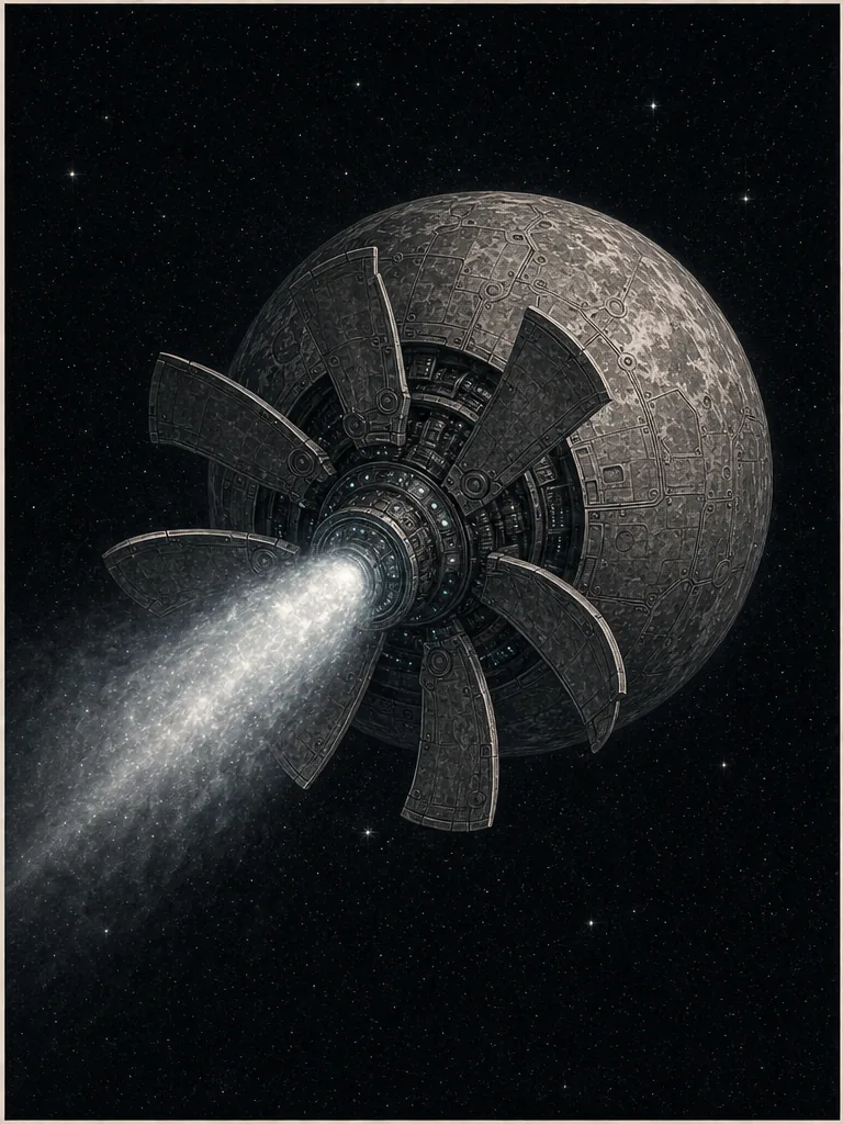 The artificial Earth opens immense engines and flies through deep space.