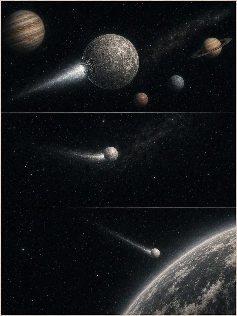 The Earth ship recedes into a tiny white sphere and rolls out of view.
