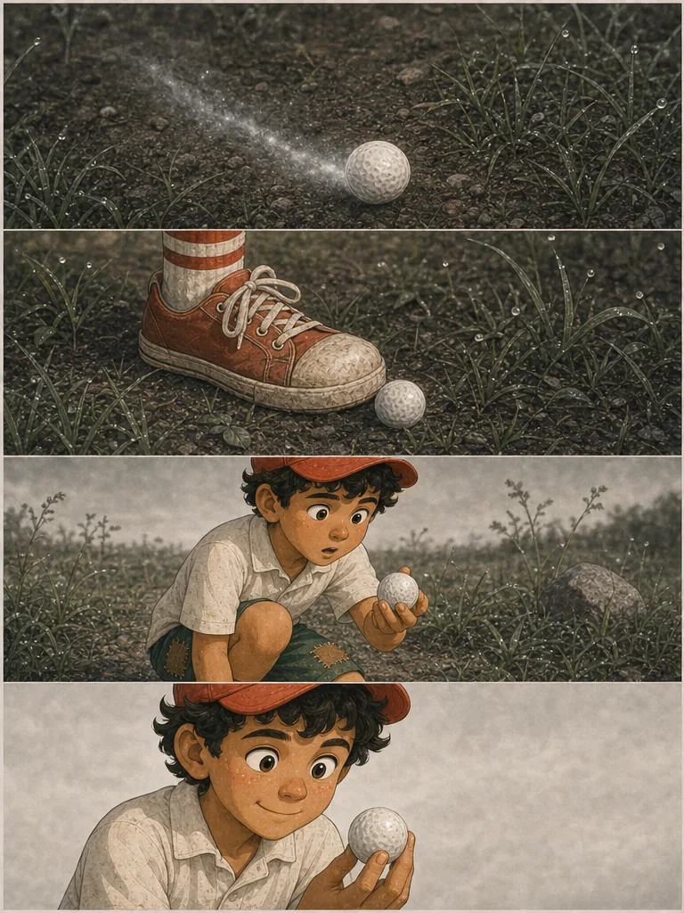 A little boy stops the white sphere, now a scuffed golf ball, with his shoe.