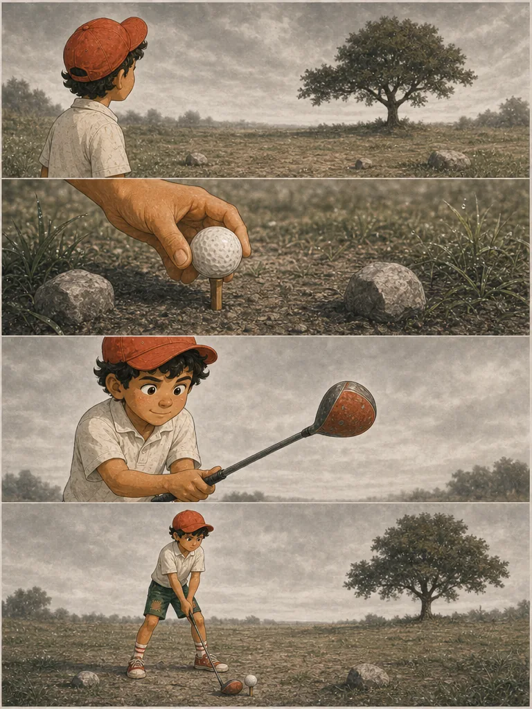The boy tees the ball in an open field and addresses it with a worn driver.