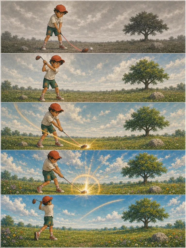The boy swings, and a ring of color bursts from the compressed golf ball at impact.