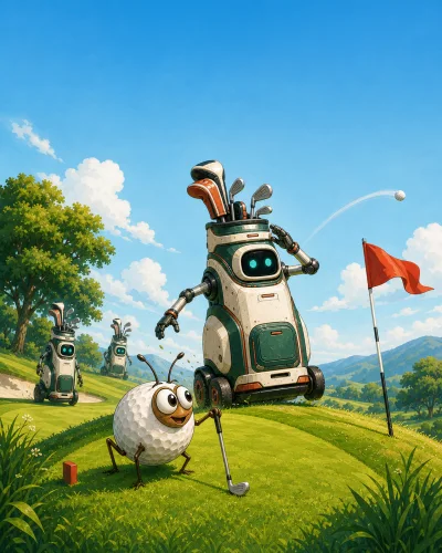 Original comic cover art with the golf bug and Al the golf-bag robot