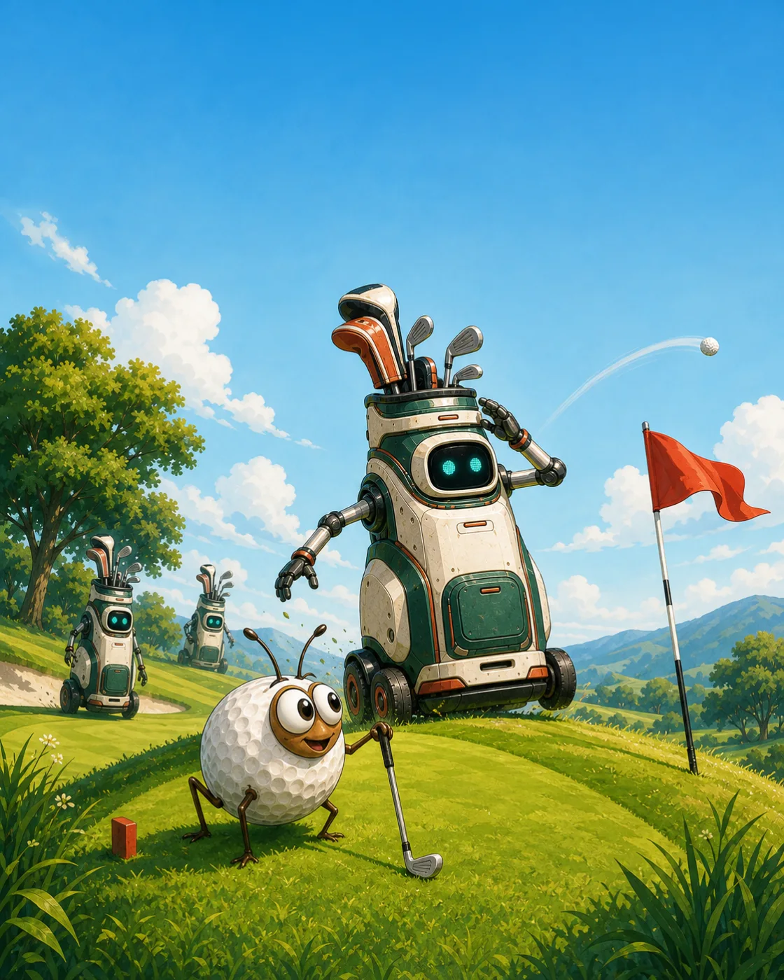 The Golf Onset golf bug leads Al and two golf-bag robots onto a sunny fairway