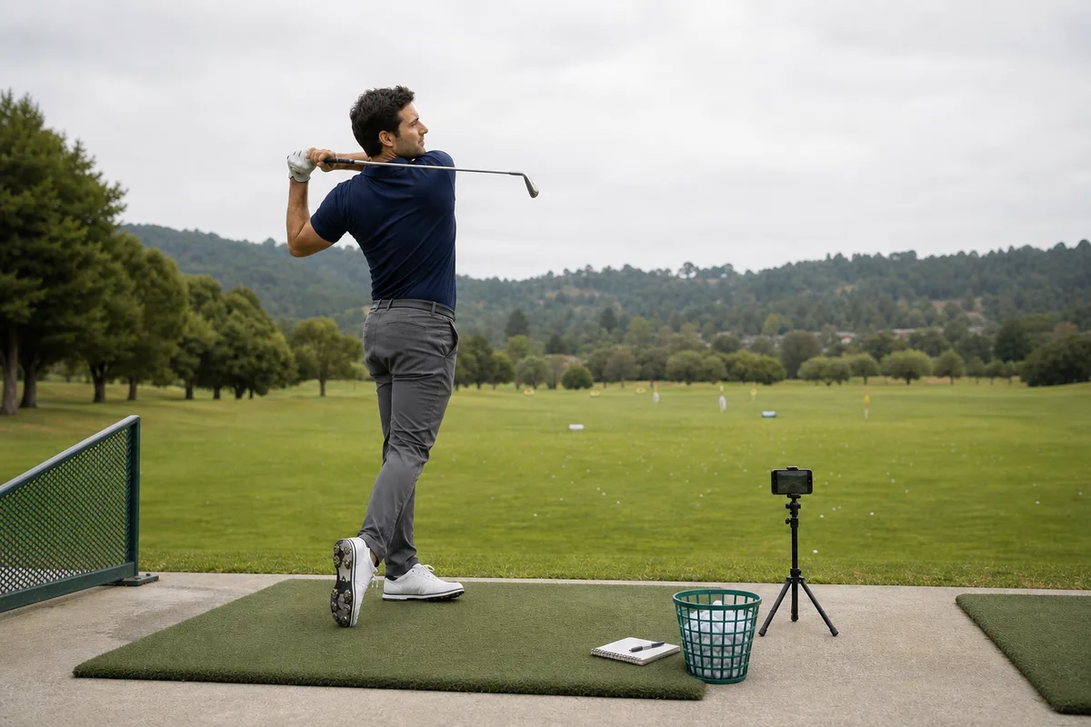 A man in his thirties holds a complete balanced iron follow-through while a phone records the swing from behind the hitting line